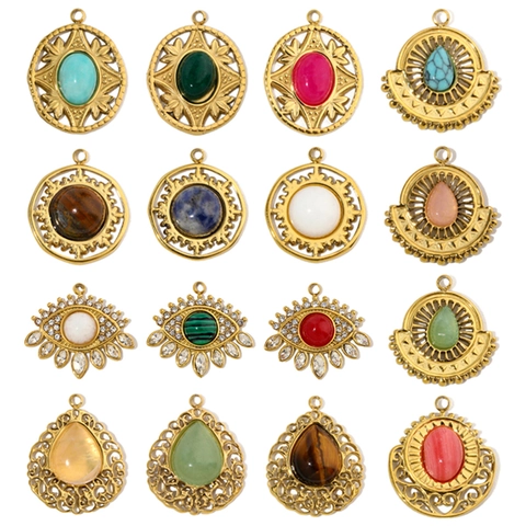Bohemian Stainless Steel Natural Stone Pendants DIY Charms Retro Teardrop Evil Eye Geometric For Jewelry Making