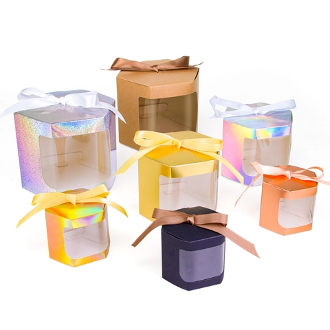 Hexagon Gift Box Laser Holographic Kraft Paper Candy Packaging With Transparent Window Ribbon Bow For Wedding Party