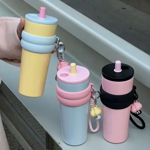 316 Stainless Steel Vacuum Insulated Tumbler With Straw Silicone Sleeve Carry Strap Hanging Pendant Portable Travel Car Cup