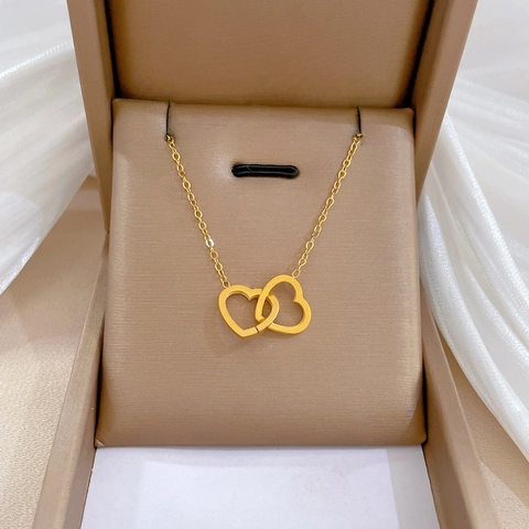 Ineinandergreifende Doppelherz Halskette Titanstahl Gold Silber Vergoldet Minimalistische Schlüsselbeinkette Für Frauen Modeschmuck