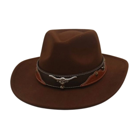 Western Cowboy Hat Wool Felt Fedora With Bull Head Metal Ornament Leather Band Vintage Ethnic Style Unisex