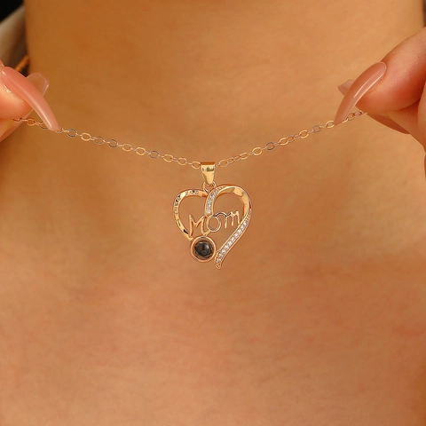 Heart Shape MOM Projection Necklace With I Love You Copper Gold Silver Plated Rhinestone Pendant Jewelry Gift For Mother
