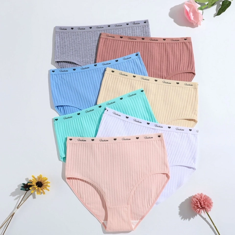 Culotte Femme Taille Haute Coton Côtelé Respirant Couleur Unie Cœur Mode Lettre Imprimée Slips