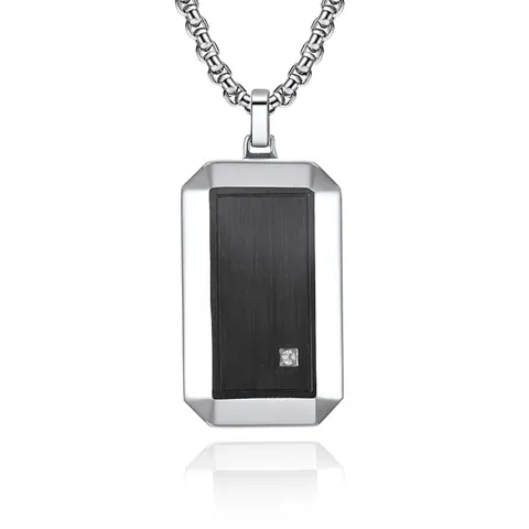 Collana Con Pendente A Targhetta Rettangolare In Acciaio Inossidabile Da Uomo Con Pannello Spazzolato Nero E Zirconia Incastonata Hip Hop