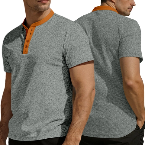 Heren Henley Shirt Korte Mouwen Jacquard Stof Ademend Casual Zomer Top Knoopsgat Textuur Visgraat Stijl