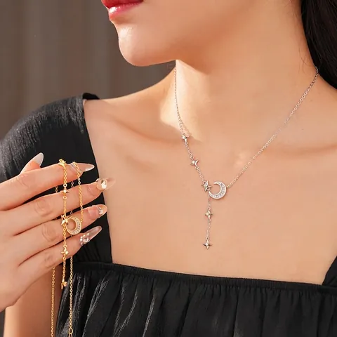 Koperen Zirkonia Maan Ster Hanger Ketting Elegante Y Vorm Kwastje Sleutelbeen Ketting Mode Sieraden Voor Dames