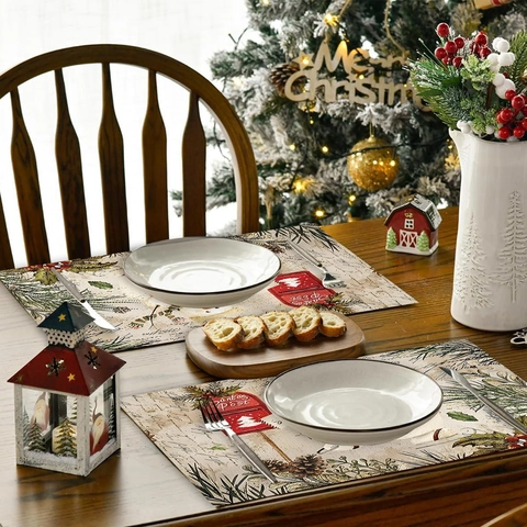 Set De Table Noël Polyester Bonhomme De Neige Boîte Aux Lettres Style Vintage Résistant À La Chaleur Décoration De Table Fête