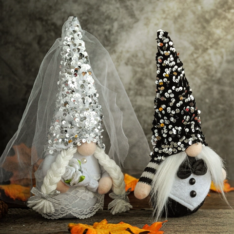 Wedding Gnome Plush Dolls Mr And Mrs Bride And Groom Nordic Rudolph Faceless Doll With Sequined Hat Lace Veil For Home Decor