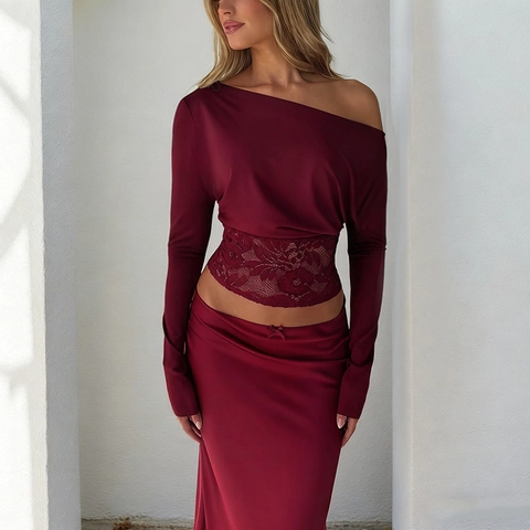 Sexy One Shoulder Long Sleeve T-Shirt Lace Patchwork Slim Fit Solid Color Streetwear Elegant Casual Top For Women