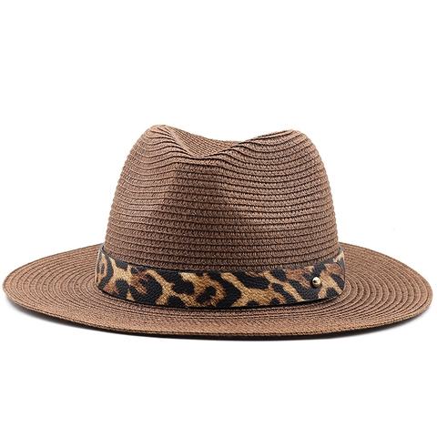 Stroh Fedora Hoed Zonbescherming Brede Rand Strand Zomer Panama Jazz Pet Met Luipaard Decorband En Metalen Klinknagel Ademend