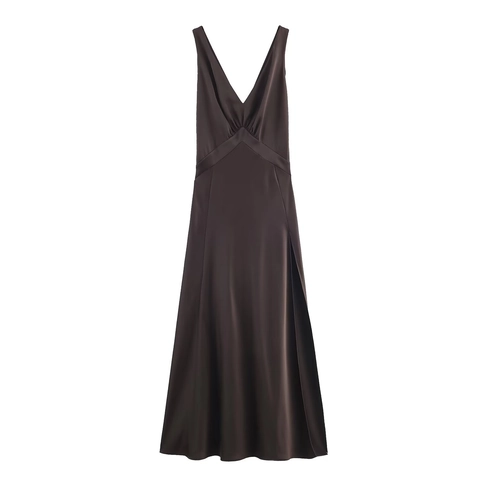 Elegantes Kaffee Satin Maxikleid Tiefer V Ausschnitt Ärmellos Geraffte Taille Hoher Schlitz Urlaubsstil Für Damen