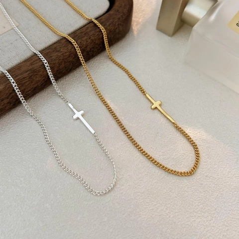 Minimalist 925 Sterling Silver Cross Necklace For Women 18K Gold Plated Geometric Choker Jewelry Daily Elegant Gift