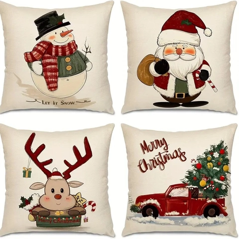 Weihnachtskissenbezüge Leinen Dekorative Kissenhülle Für Sofa Feiertag Haus Deko Weihnachtsmann Schneemann Quadratisch