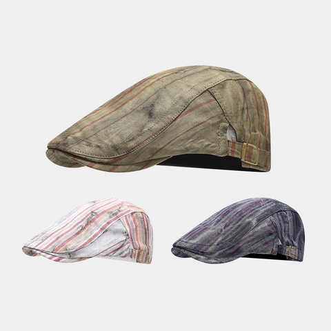 Vintage Katoenen Gestreepte Ivy Pet Distressed Flat Cap Gewassen Zonbescherming Verstelbaar Voor Heren Dames Casual