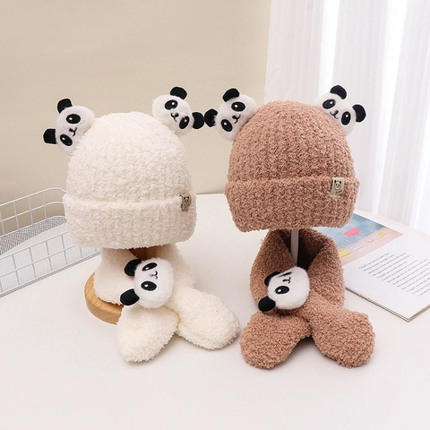 Set Cappello e Sciarpa Panda Invernale per Neonati in Morbido Filato di Lana Peluche Caldo Berretto in Maglia Scaldacollo per Bambini