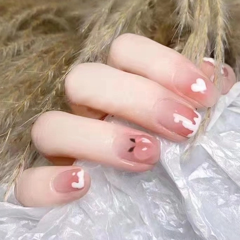 Uñas Postizas Press On Con Degradado Rosa Y Patrón De Corazón Melocotón 3D Uñas Artificiales Desmontables Dulces