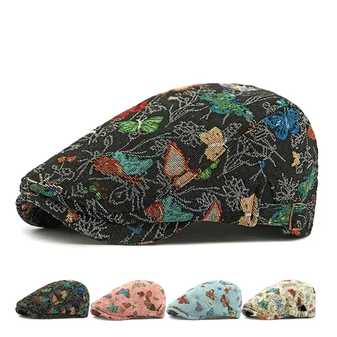 Butterfly Jacquard Newsboy Cap Retro Polyester Ivy Flat Hat Adjustable Metal Buckle Vintage Ethnic Style