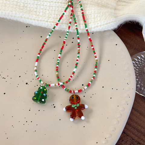 Christmas Beaded Necklace Resin Gingerbread Man Christmas Tree Pendant Sweet Holiday Party Jewelry For Women Girls