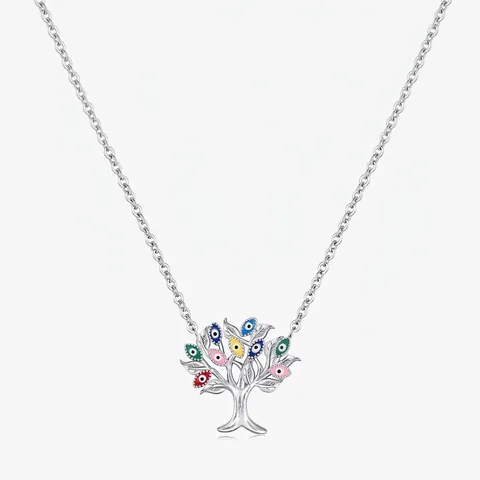 925 Sterling Silver Tree Of Life Necklace With Colorful Evil Eye Enamel Pendant Boho Lucky Jewelry For Women
