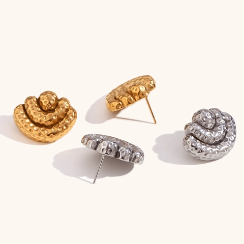 Orecchini a Bottone a Ventaglio in Acciaio Inossidabile Martellato Design Geometrico a Onde Oro Argento per Donna