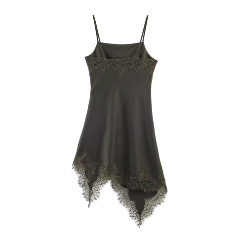 Women Sexy Satin Lace Slip Dress Asymmetrical Hem Ruched Spaghetti Strap Sleeveless V Neck Backless Party Maxi Dress