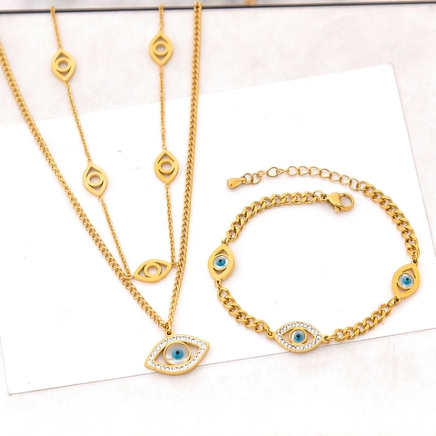 Gold Plated Titanium Steel Evil Eye Jewelry Set Women Teardrop Rhinestone Necklace Bracelet Earrings Fashion Accessory