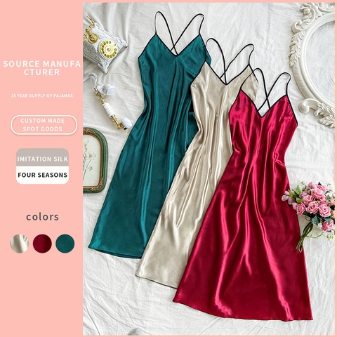 Camisón Sexy Para Mujer De Satén De Satén De Imitación Con Cuello En V Tirantes Finos Espalda Cruzada