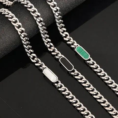 Roestvrijstalen Cubaanse Schakelketting Met Schelp Malachiet Ovalen Inleg Retro Hip Hop Minimalistisch Sieraden Voor Mannen Vrouwen