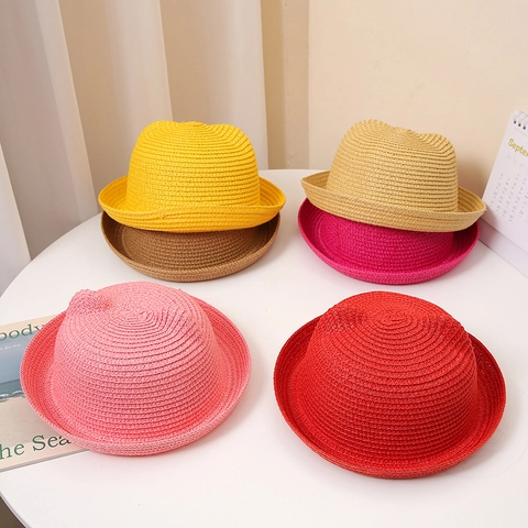 Lindo Sombrero de Paja de Papel con Orejas de Gato para Mujeres Niños Protección Solar Transpirable Ala Enrollada Fedora de Playa