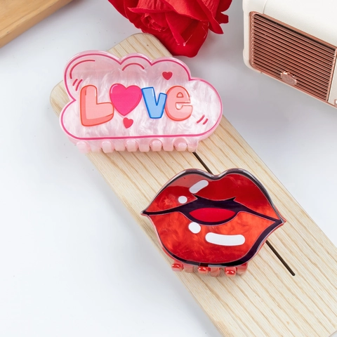 Mode Acetaat Acryl Rode Lip Liefde Brief Hart Haarklem Valentijnsdag Zoete Trendy Haarstyling Accessoires Voor Vrouwen Dagelijks Feest