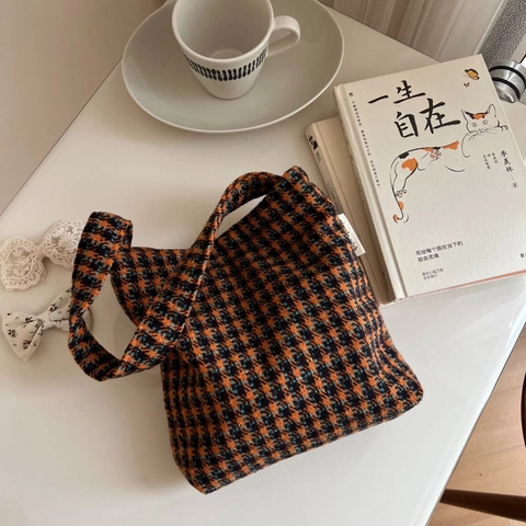 Vintage Plaid Underarm Bag Wool Tweed Mini Handbag Retro Autumn Winter Small Square Purse For Women