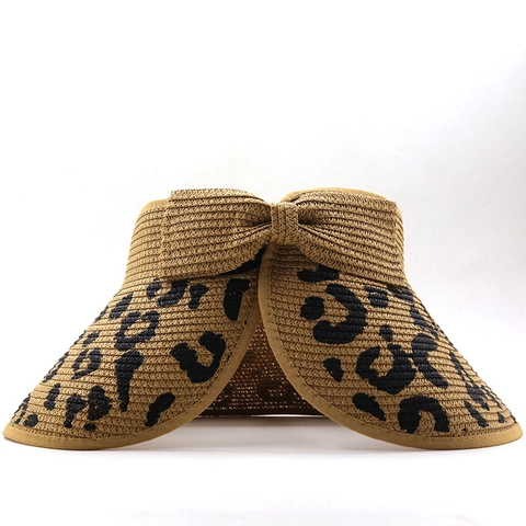 Visiera Cappello Paglia Leopardo Fiocco Parte Superiore Vuota Tesa Larga Protezione UV Estate Spiaggia Regolabile