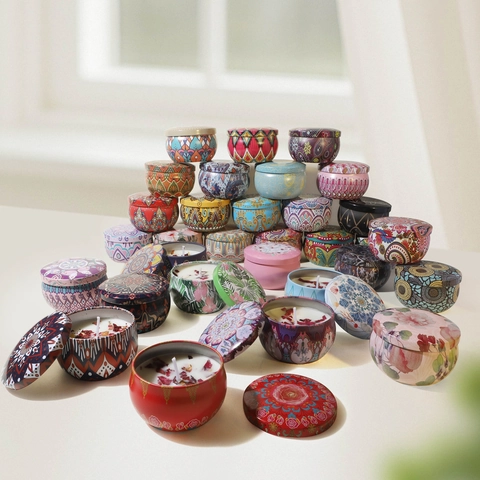 Scented Candle Soy Wax With Dried Flowers Mandala Bohemian Pattern Tinplate Portable Fragrance Wedding Birthday Gift Favor