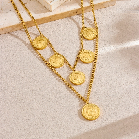 Retro Double Layer Coin Pendant Necklace Stainless Steel Minimalist Clavicle Chain Jewelry For Women