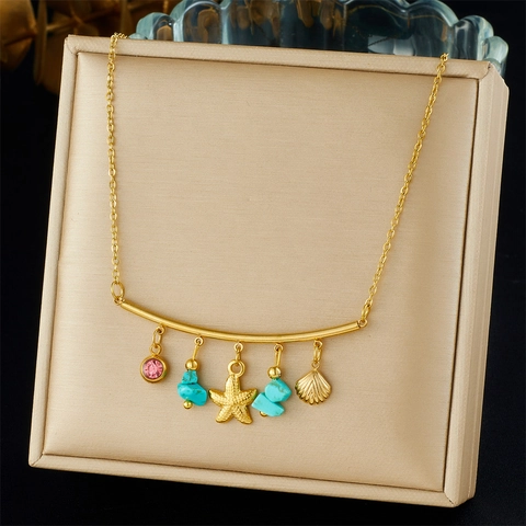 Stainless Steel Gold Plated Necklace Turquoise Pink Rhinestone Starfish Shell Charms Bohemian Ocean Beach Jewelry Women