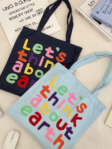 Canvas Tote Bag For Women Large Capacity Shoulder Handbag With Colorful Chenille Letter Embroidery Aesthetic Streetwear