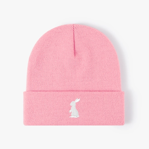 Berretto in Maglia di Acrilico Unisex Caldo Invernale Con Bordo Piegato Casual Con Ricamo di Coniglio Minimalista per Esterno