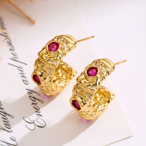 Pendientes De Aro De Cobre Bañados En Oro En Forma De C Textura De Lava Irregular Circón Joyas Geométricas Retro Mujeres
