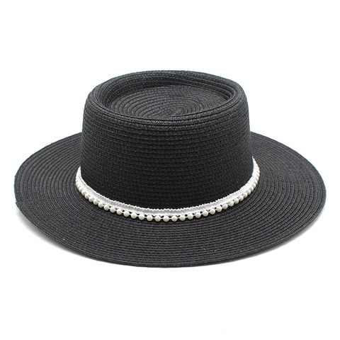 Cappello Di Paglia Da Donna Stile Boater Tesa Larga Protezione Solare Spiaggia Estate Elegante Vintage Con Künstliche Perle Decorativo