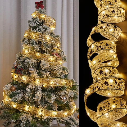 LED Christmas Ribbon String Lights Double Layer Mesh Star Print Battery Powered Tree Decorative Hangings