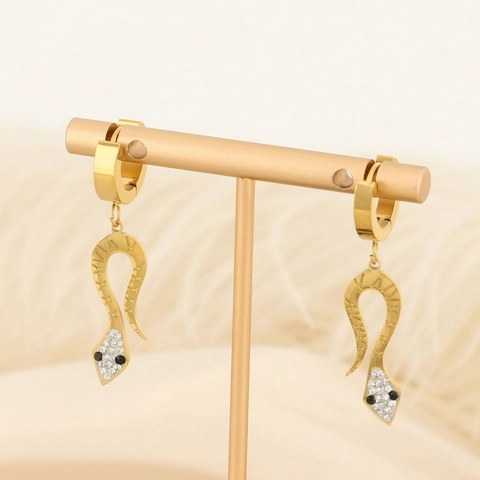 Western Fashion Gold Stainless Steel Snake Shape Drop Earrings For Women Elegant Rhinestone Inlaid Snake Animal Jewelry Ear Buckle
