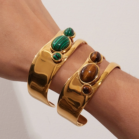 Vintage Stainless Steel Bracelet Ring Jewelry Women 18K Gold Plated Malachite Tiger Eye Artificial Pearl Hollow Open Cuff Waterproof