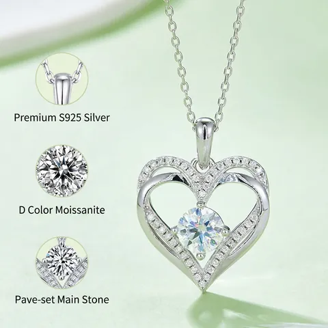 Collier Pendentif Cœur en Argent Sterling 925 Moissanite pour Femme Double Cœur Creux Diamant de Laboratoire Bijoux Cadeau