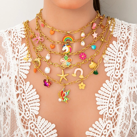 Women's Stainless Steel Necklace With Rainbow Butterfly Multi-Pendant Cute Artificial Pearl Rhinestone Clavicle Chain Jewelry