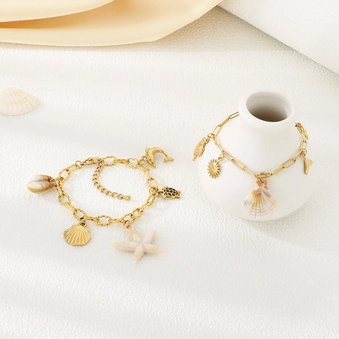 Bracciale Con Ciondoli Oceano Acciaio Inossidabile Placcato Oro 18K Conchiglia Naturale Stella Marina Tartaruga Delfino Estate