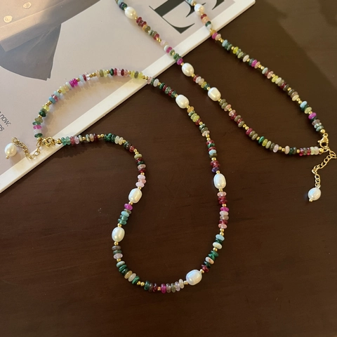 Handmade Beaded Necklace Natural Stone Baroque Freshwater Pearl Titanium Steel Gold Plated Bohemian Vintage Jewelry Women