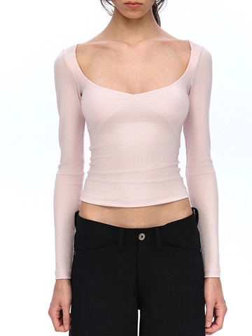 Women T-Shirt Long Sleeve Large U-Neck Tencel Ribbed Slim Fit Solid Color Pink Soft Trendy Top