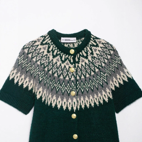 Cardigan Tricoté Femmes Manches Courtes Jacquard Fair Isle Col Rond Boutons Dorés Polyester Pull Vintage Vert Foncé