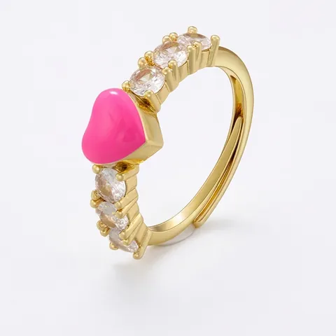 Sweet Heart Ring Zinc Alloy Gold Plated Enamel Drip Oil Micro Inlaid Zircon Adjustable Open Finger Ring For Women
