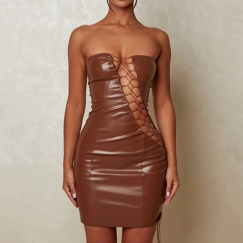 Women Sexy PU Leather Tube Top Mini Dress Lace Up Cut Out Bodycon Party Clubwear Dress Solid Color Strapless Short Dress